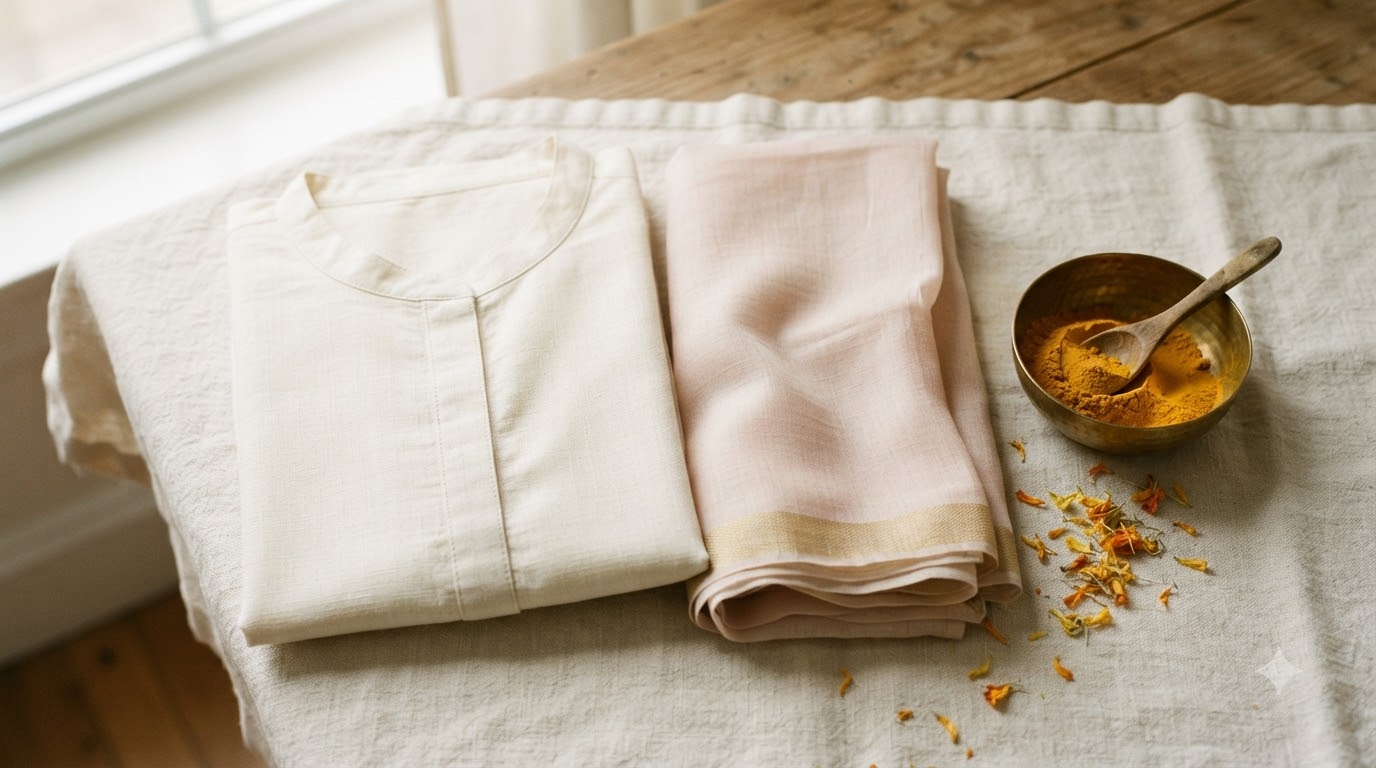 Cream linen pe rakha hua folded cotton kurta aur blush dupatta, paas mein peetal ki katori mein haldi