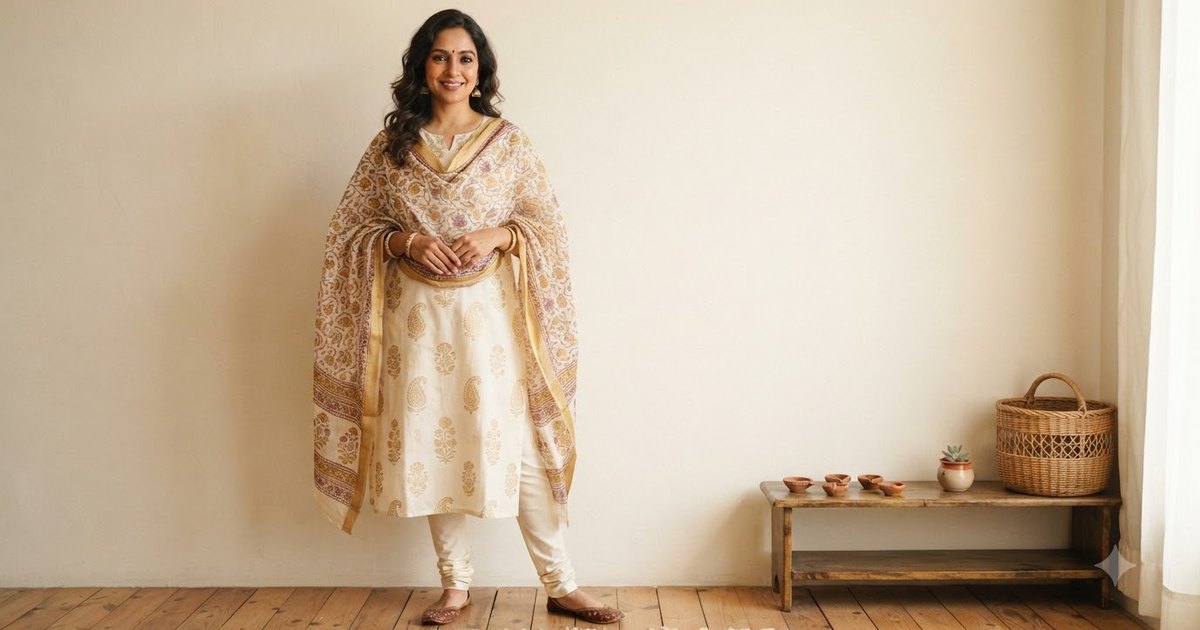 Cream cotton kurta set aur printed dupatta me model, paas me diye &mdash; budget Diwali outfit