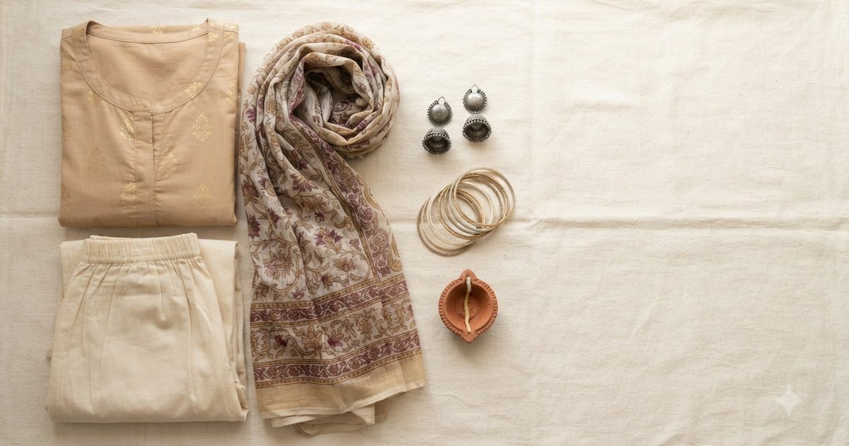 Flat lay: cotton kurta, palazzo, printed dupatta, oxidised jhumki, chudiyan aur ek diya