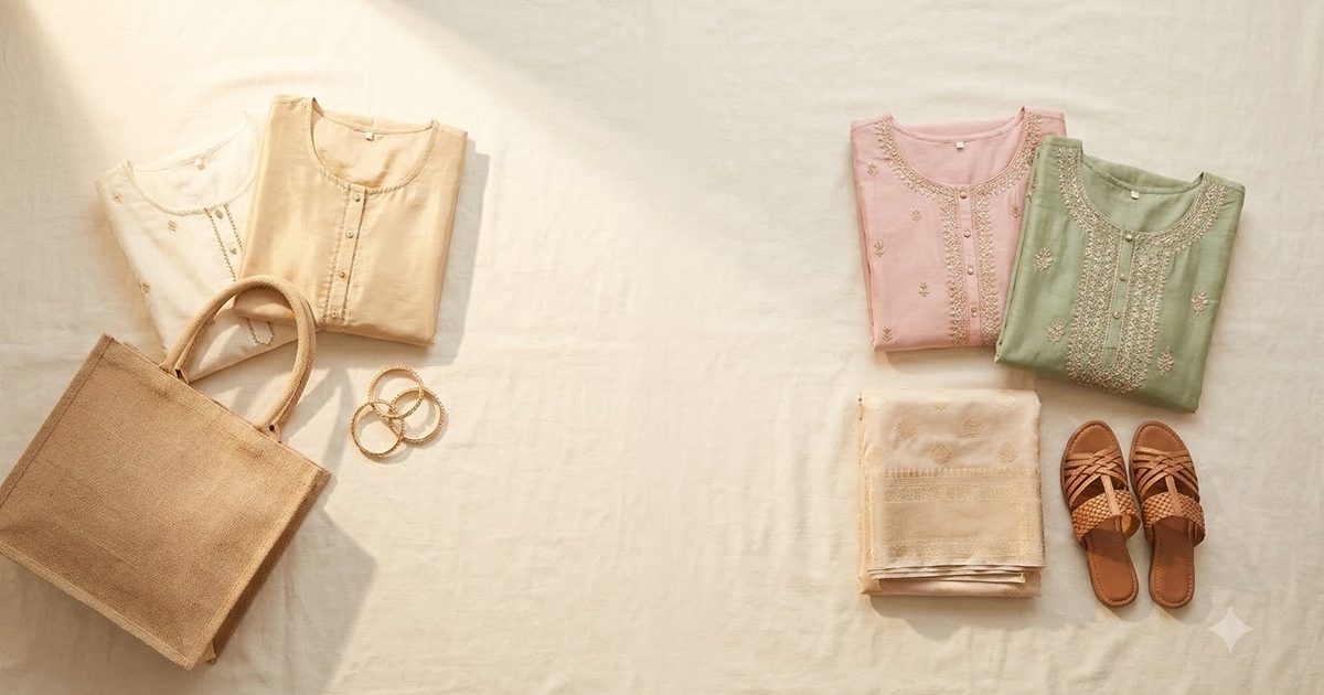 Folded cotton kurtiyan, jute tote bag aur bangles ka flat-lay