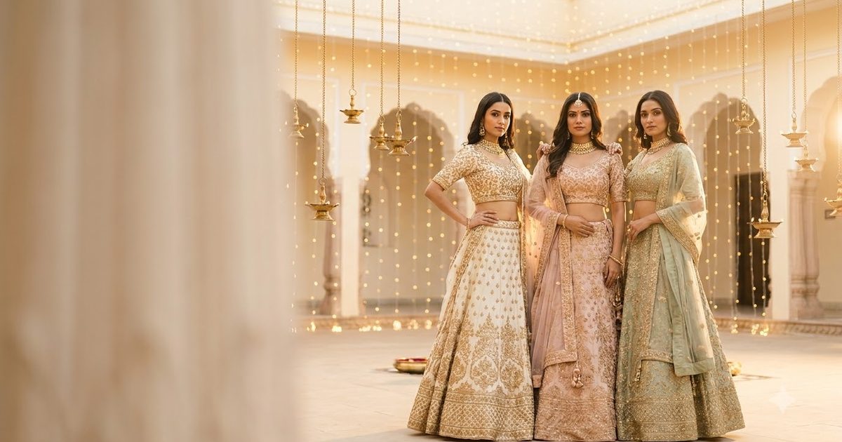 Teen ladkiyan festive lehenga-choli me — Navratri outfit ideas