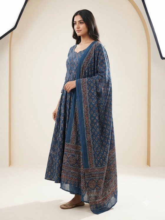 Blue Ajrakh Anarkali Suit